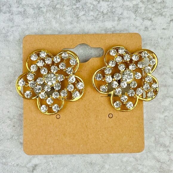 Clip-On Medium sized Gold Flower-Shaped Earrings with Diamond Accents - Picture 6 of 6